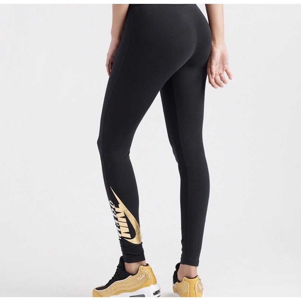 NIKE Black Leggings Womens XL Gold Metallic Stretch  Waistband